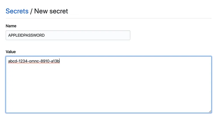 GitHub Actions secrets page with Apple ID app-specific password