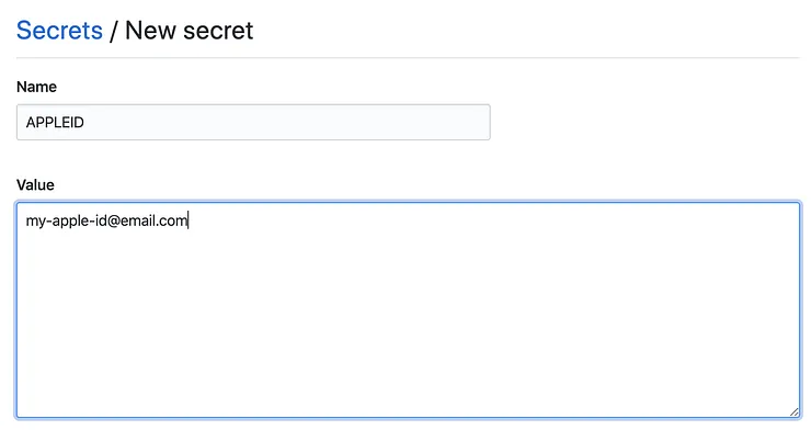 GitHub Actions secrets page with Apple ID secret