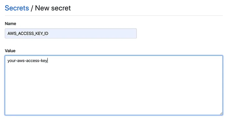 GitHub Actions secrets page with AWS access key