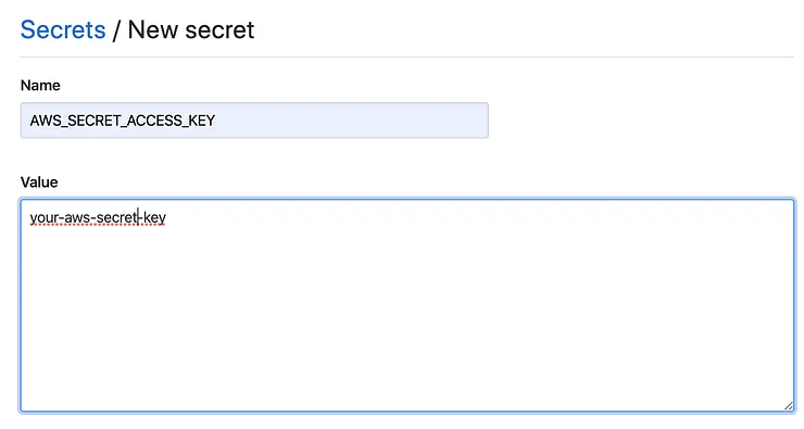 GitHub Actions secrets page with AWS secret key