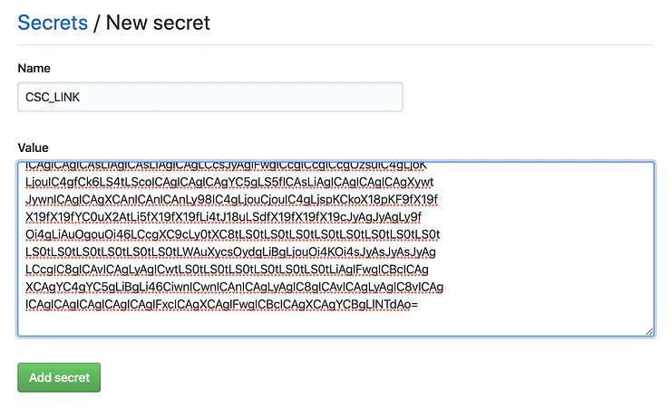 GitHub Actions secrets page with base64-encoded certificate secret