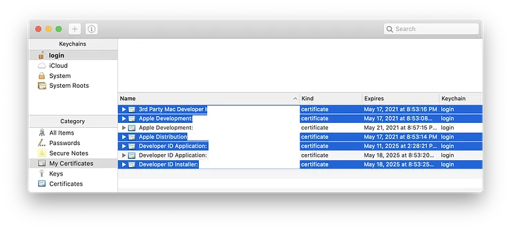Xcode export dialog for saving code signing keys as .p12